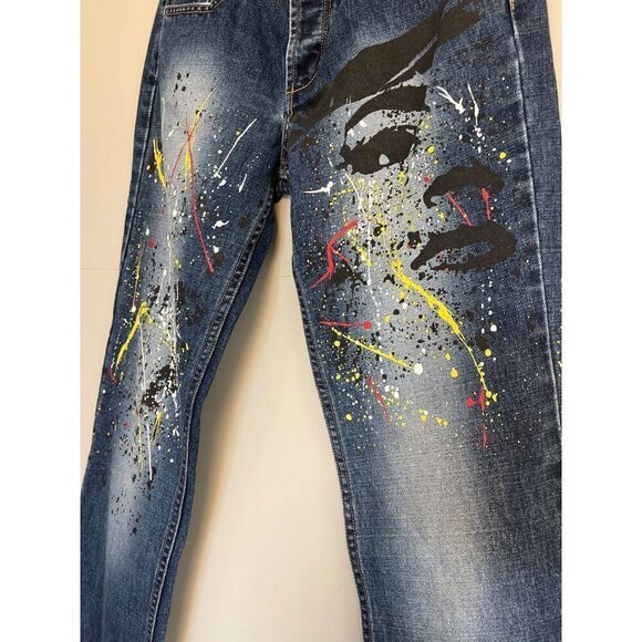 Express Women Painted Splatter Straight Leg Jeans Size 1/2 - Picture 4 of 10